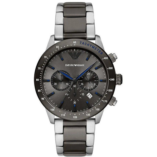 Emporio Armani Silver and Black Steel Chronograph Watch